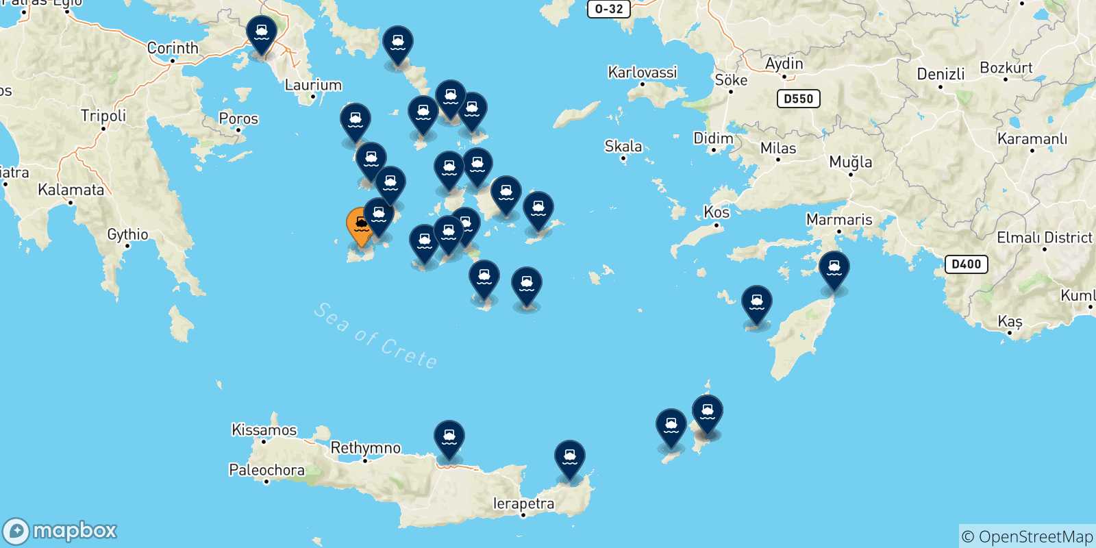 Mapa de las posibles rutas entre Milos y  Grecia