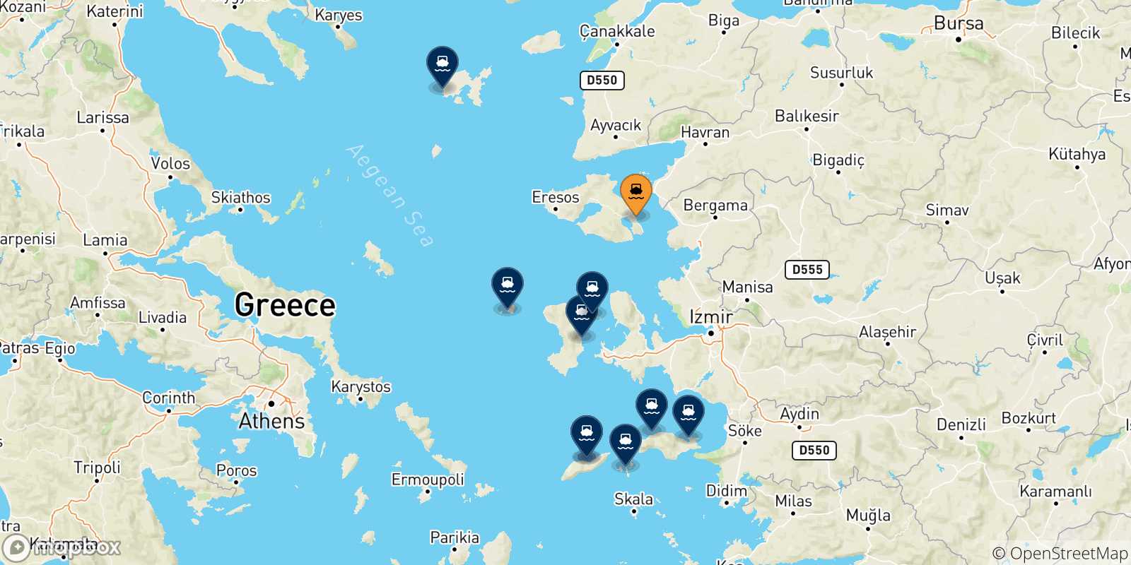 Mapa de las posibles rutas entre Mytilene (Lesvos) y  Islas Del Egeo