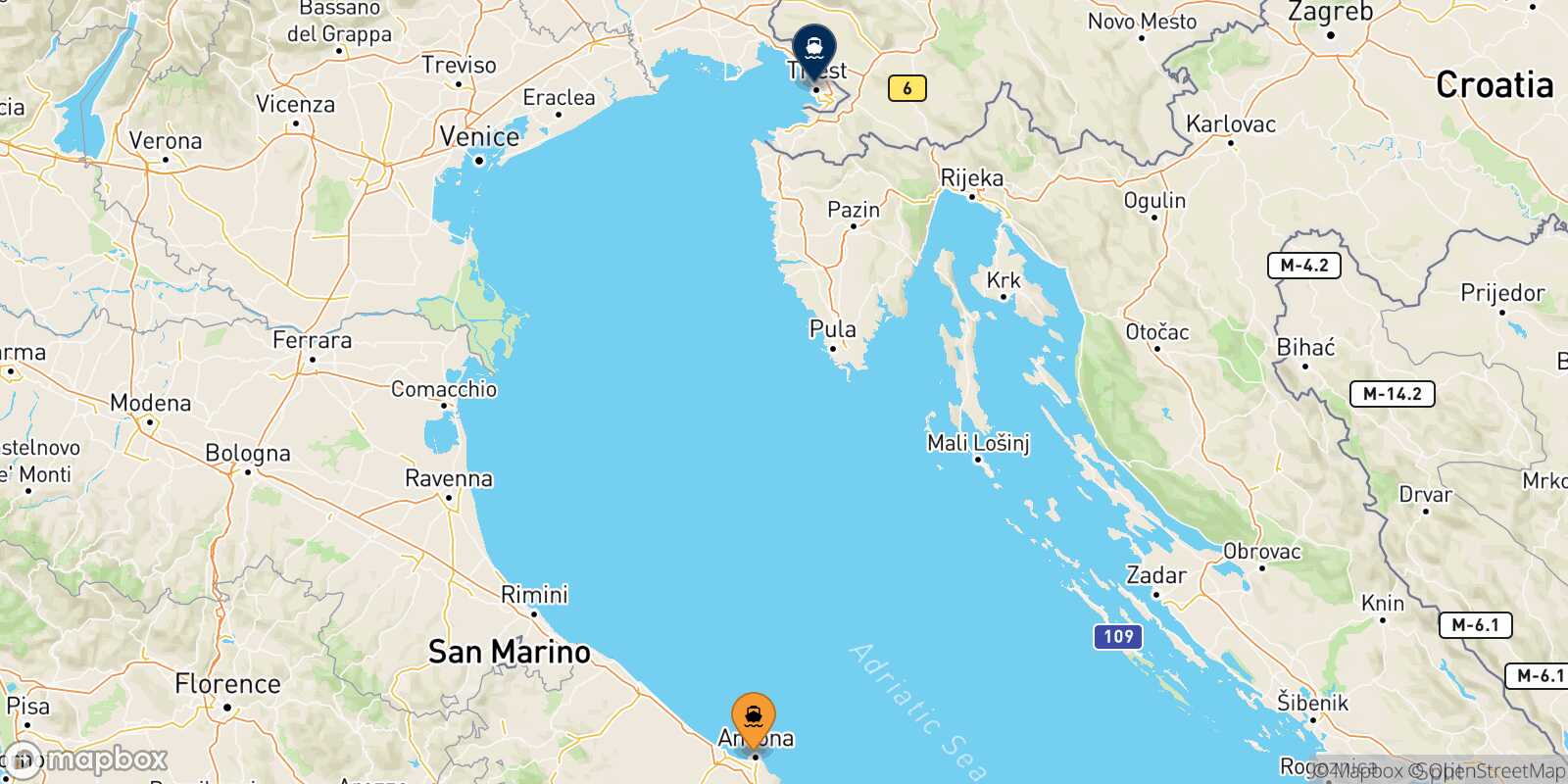 Mapa de la ruta Ancona Trieste