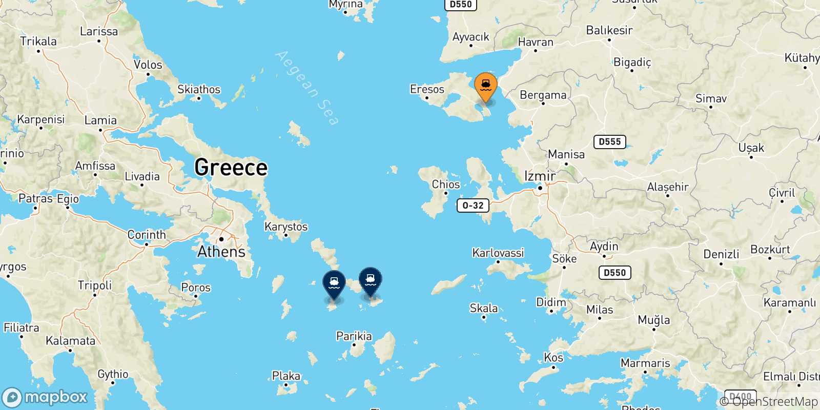 Mapa de las posibles rutas entre Mytilene (Lesvos) y  Las Cicladas