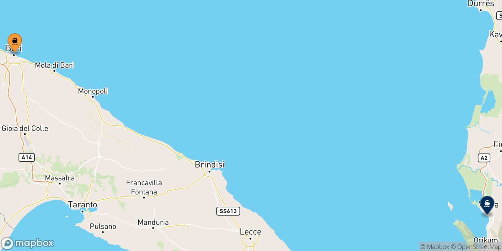 Mapa de la ruta Bari Vlore