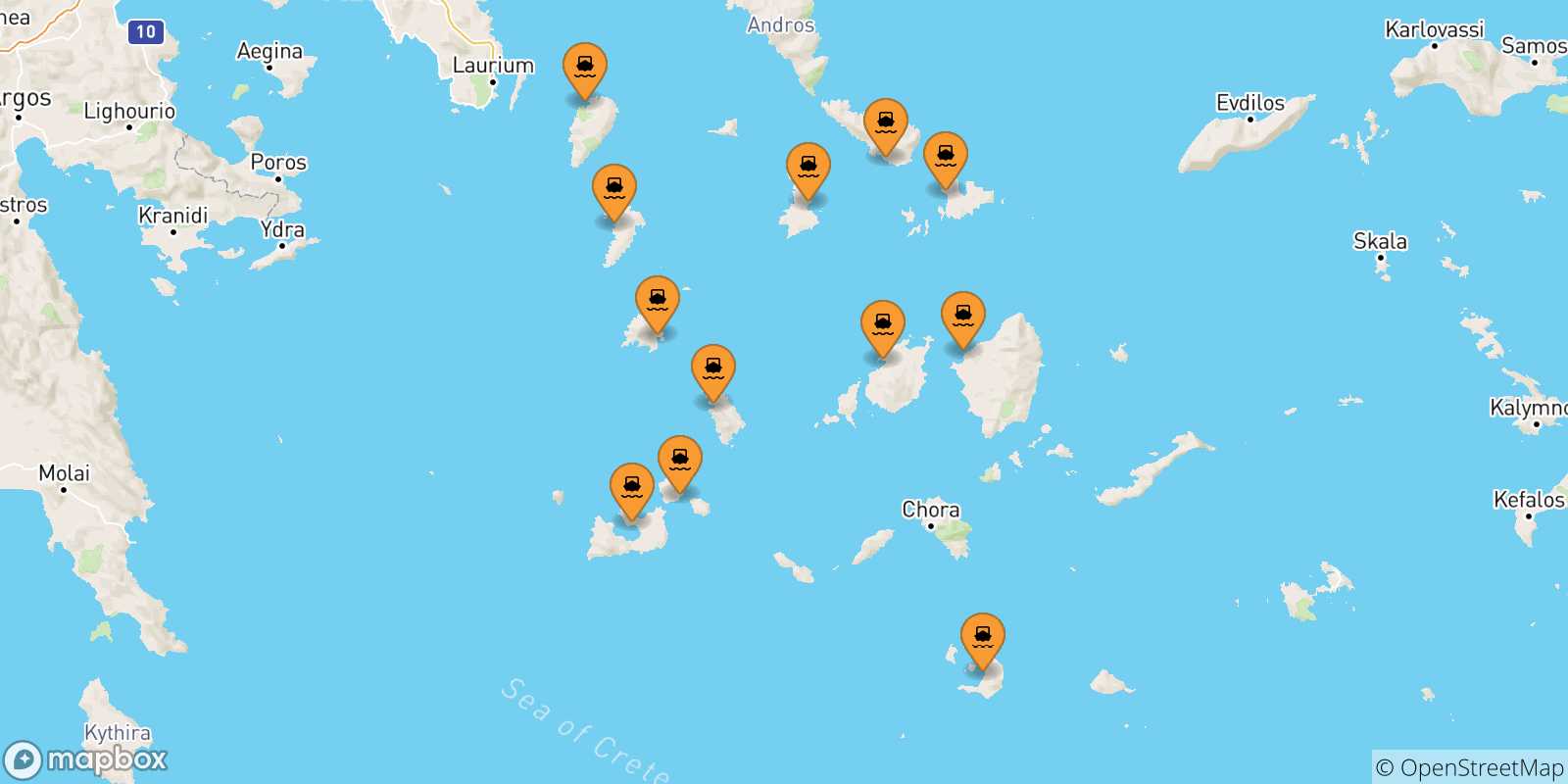 Mapa de las posibles rutas entre Las Cicladas y  Andros