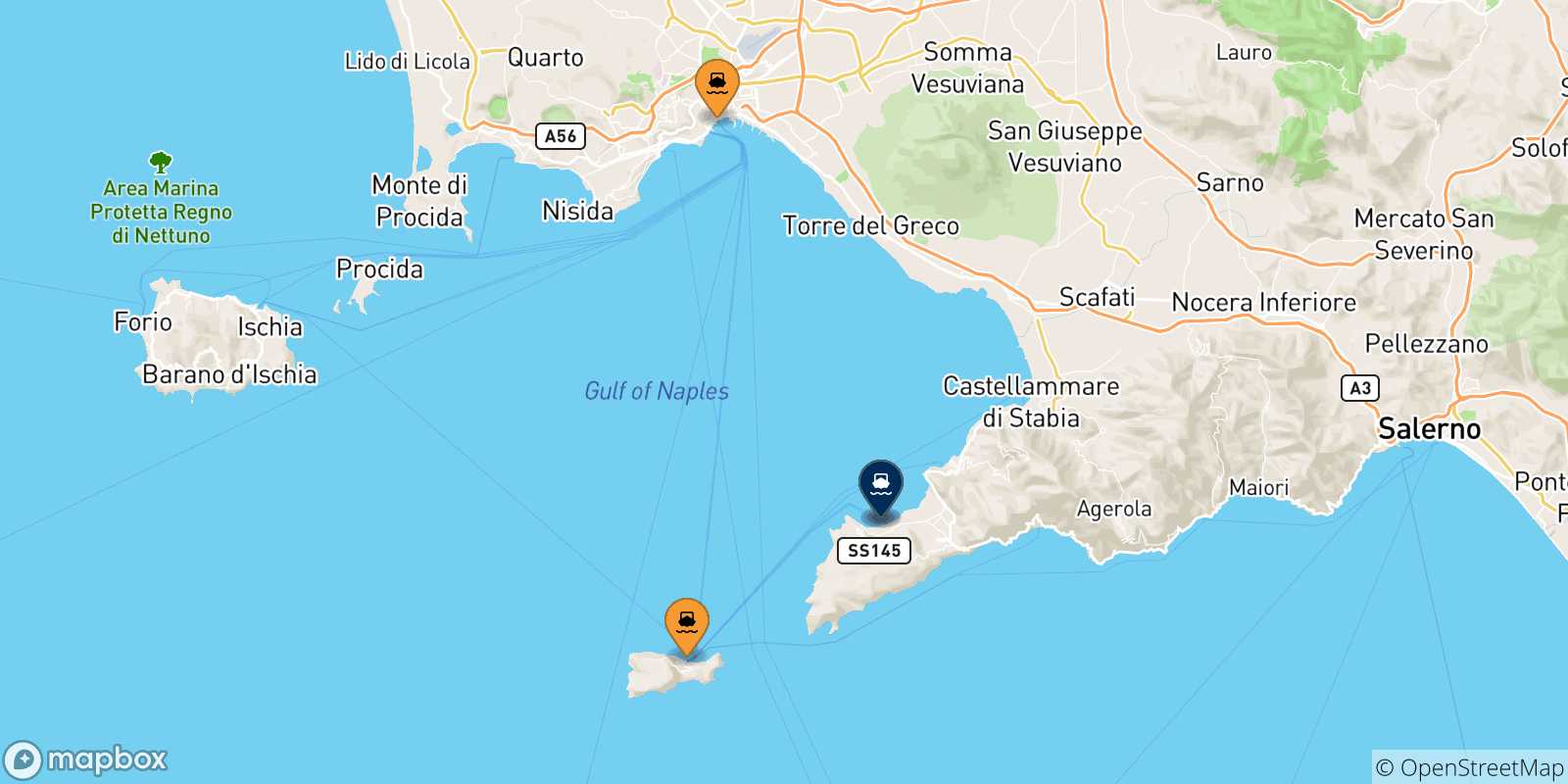 Mapa de las posibles rutas entre Italia y  Castellammare