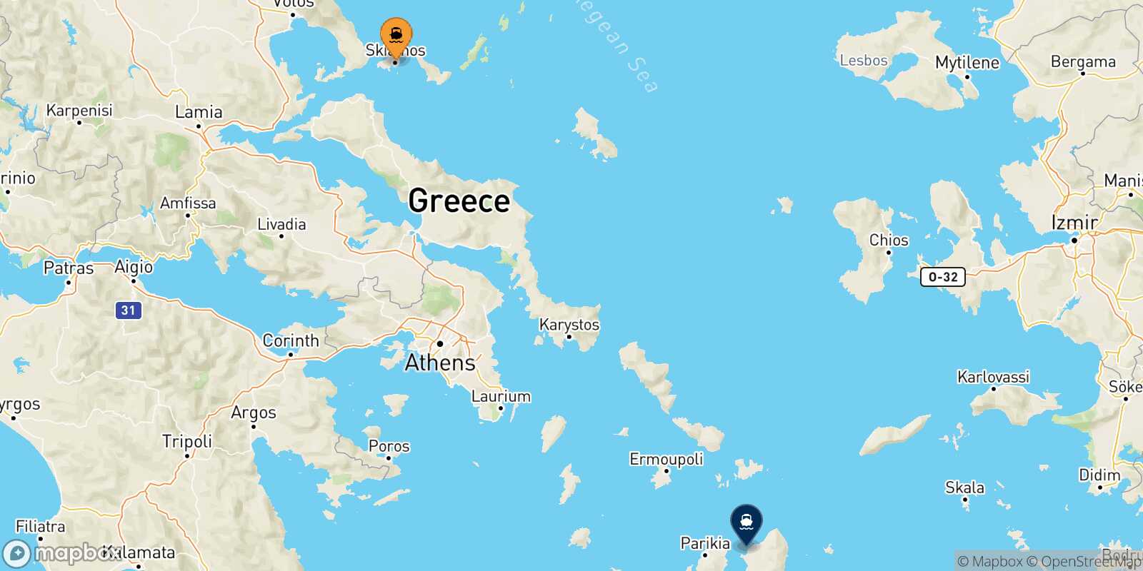 Mapa de la ruta Skiathos Naxos