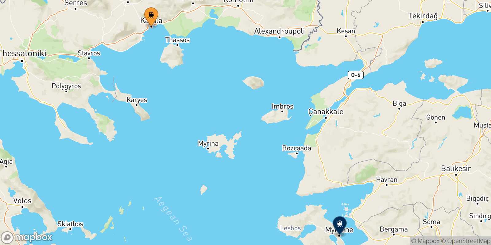 Mapa de la ruta Kavala Mytilene (Lesvos)