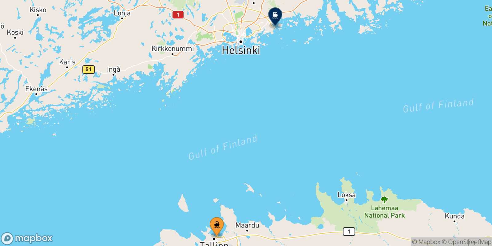 Mapa de la ruta Tallin Helsinki