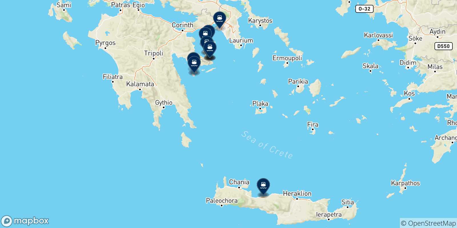 Mapa de los destinos alcanzables de Islas Sarónicas