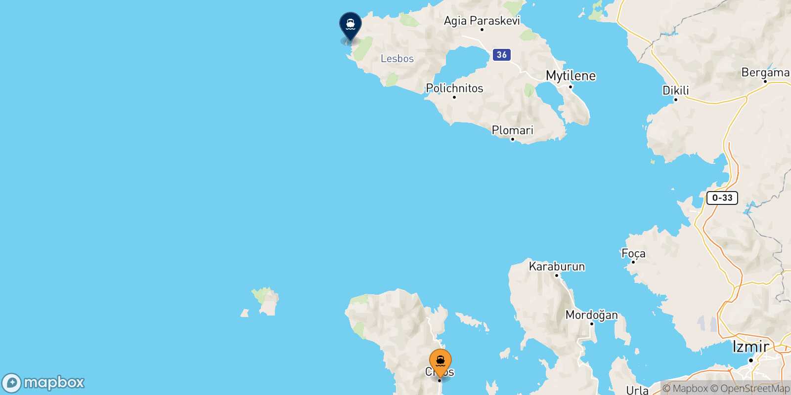 Mapa de la ruta Mesta Chios Sigri (Lesvos)