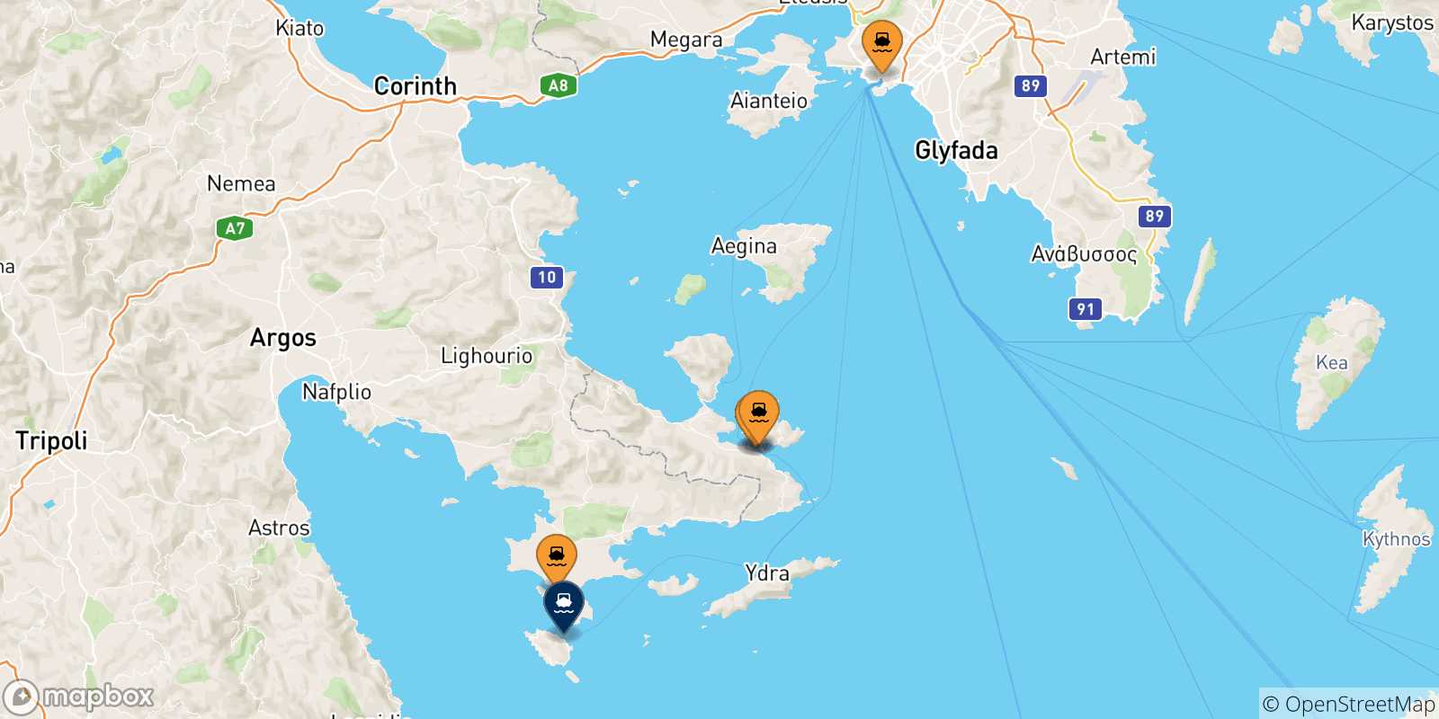 Mapa de las posibles rutas entre Grecia y  Spetses