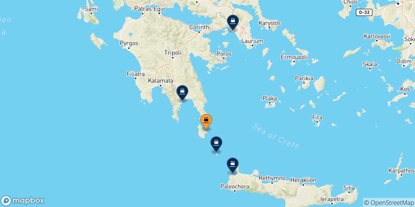 Mapa de las posibles rutas entre Kythira y  Grecia