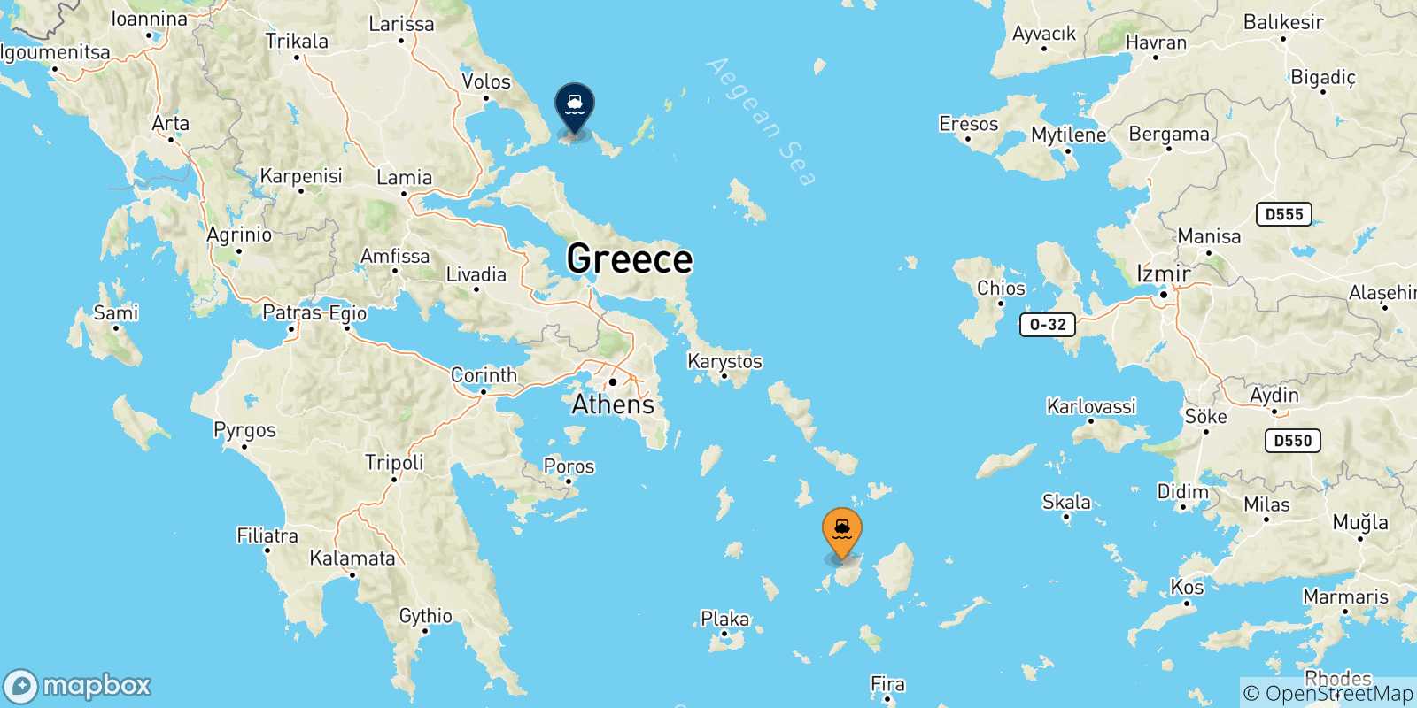 Mapa de las posibles rutas entre Paros y  Islas Espóradas