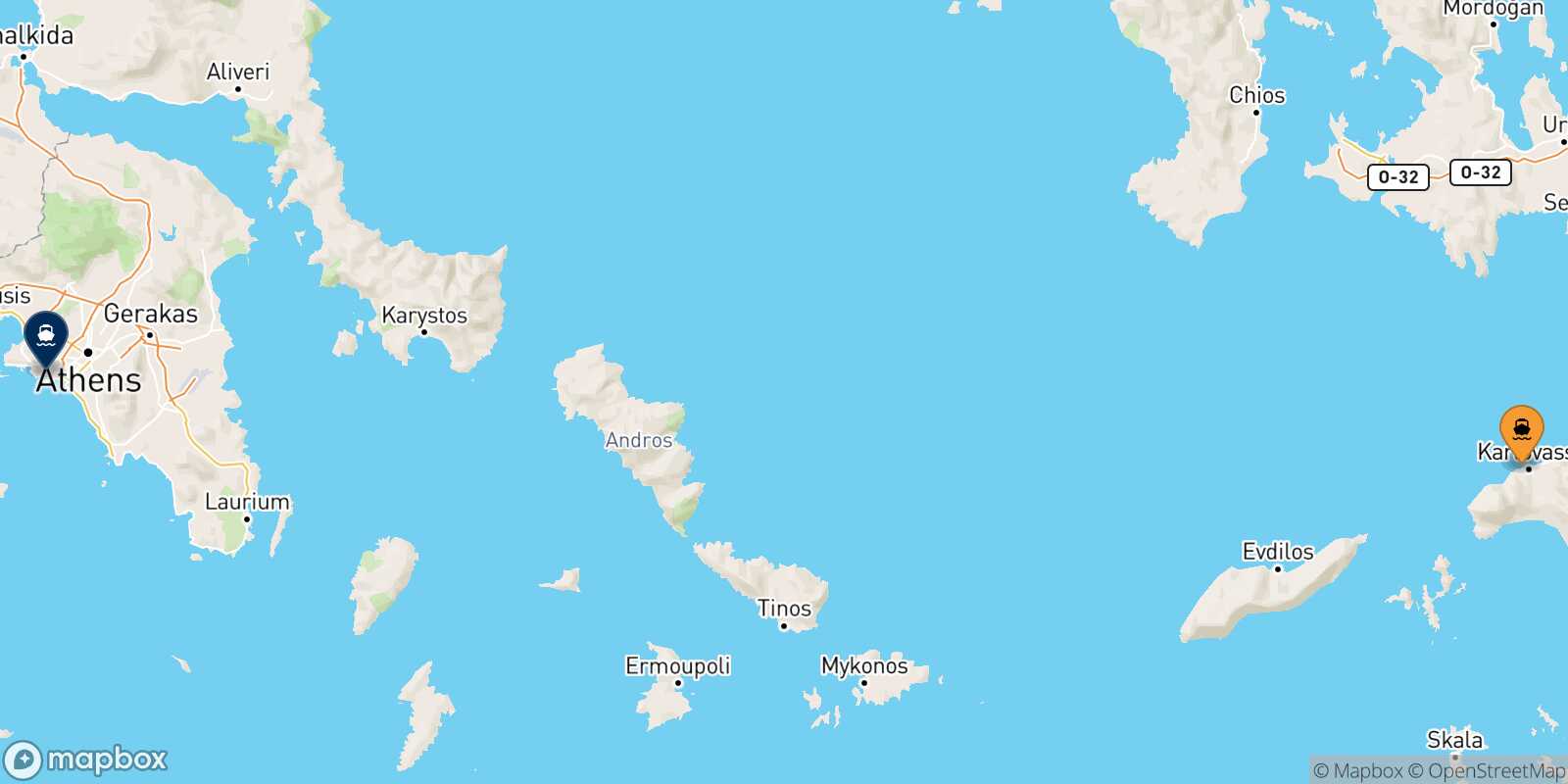 Mapa de la ruta Karlovassi (Samos) El Pireo