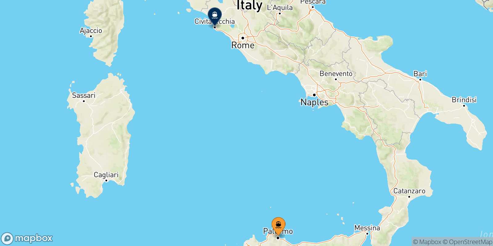 Mapa de la ruta Palermo Civitavecchia