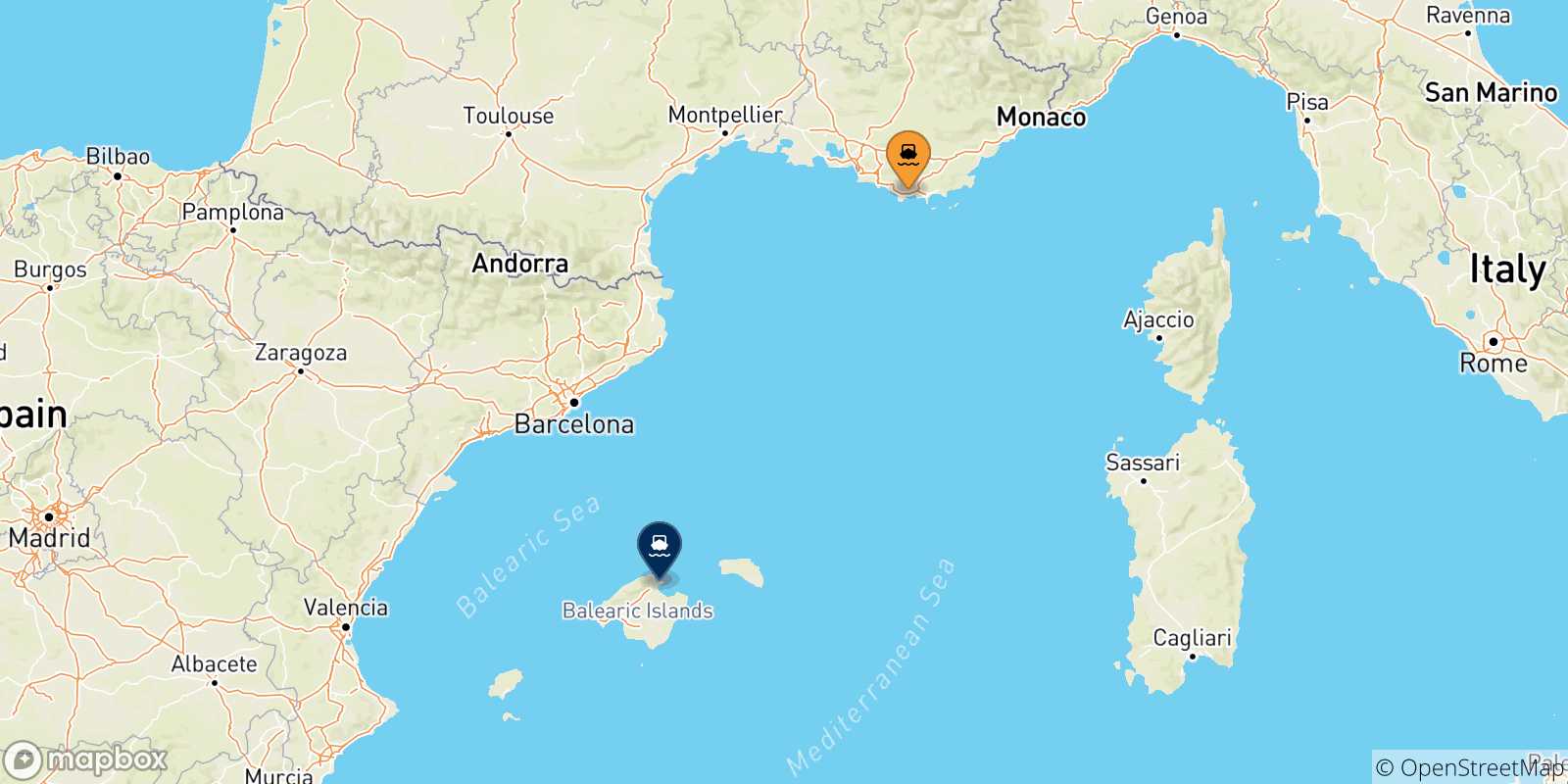 Mapa de las posibles rutas entre Tolón y  Islas Baleares